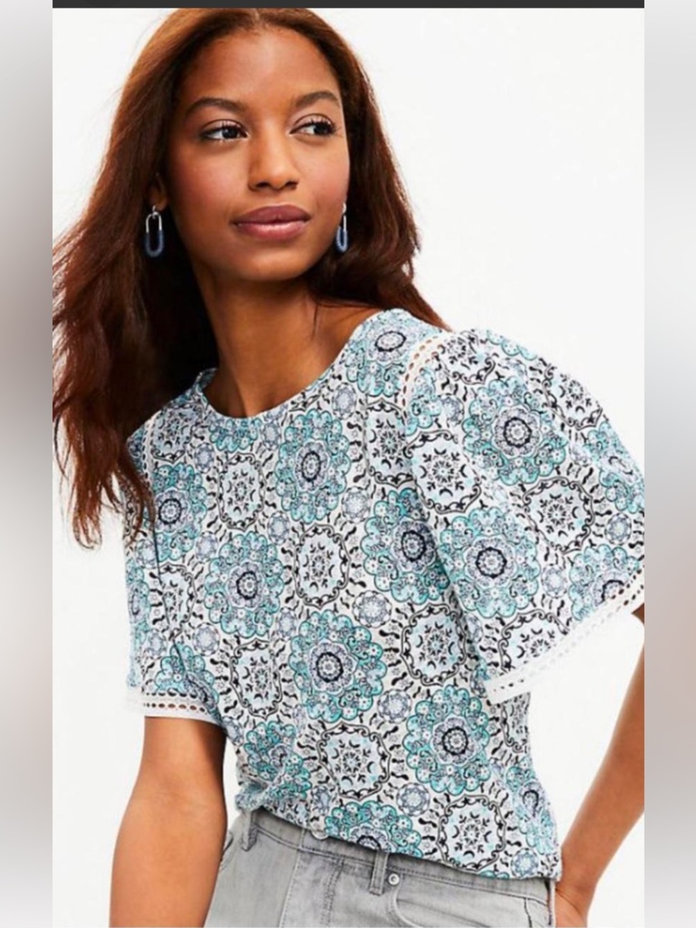 Loft Linen Medallion Print Lace Trim Top SZ M